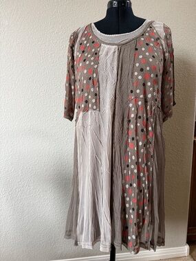 Taupe Polka-Panel Midi Dress with Coral & White Dots